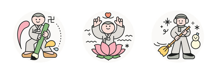 Buddha’s Birthday. Monks writing calligraphy, sitting on lotus flowers, and cleaning the yard.