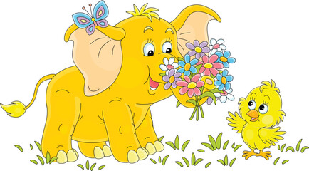 Little baby elephant giving a beautiful bouquet of colorful flowers to a happy small chick, vector cartoon illustration isolated on a white background