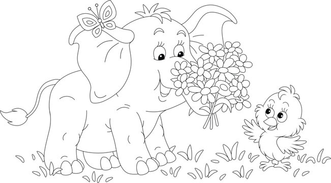 Little baby elephant giving a beautiful bouquet of summer flowers to a happy small chick, black and white outline vector cartoon illustration for a coloring book