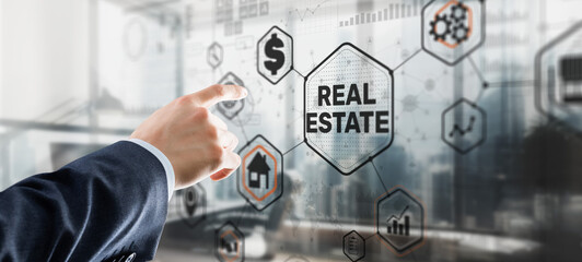 Real estate investment. Businessman pressing on virtual screens