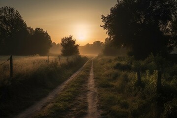 Plakat Rural path during dawn. Generative AI