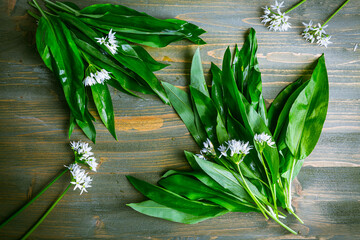 Freshly picked Ramson or wild garlic on kitchen table