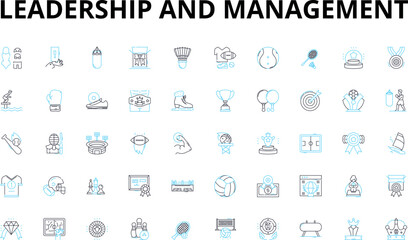 Leadership and management linear icons set. Visionary, Empowerment, Delegation, Teamwork, Accountability, Communication, Integrity vector symbols and line concept signs. Motivation,Inspiration
