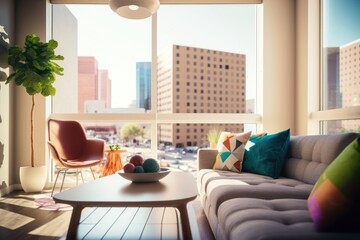 Μodern living room interior. Comfortable furniture, glass windows. AI generative