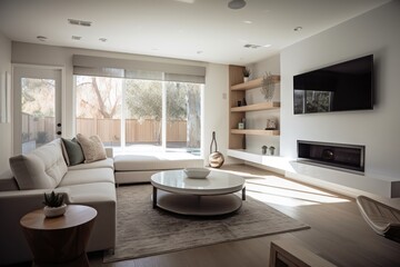 Fototapeta na wymiar Μodern living room interior. Comfortable furniture, glass windows. AI generative