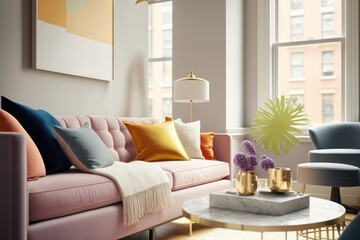 Μodern living room interior. Comfortable furniture, glass windows. AI generative