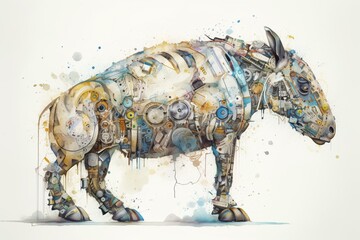 A continuous watercolor design featuring contemporary robotic animals, machinery, science, tech and devices for daily living. Generative AI