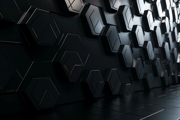 Black, hexagonal wall with polished, 3D tiles creating a futuristic look. Generative AI
