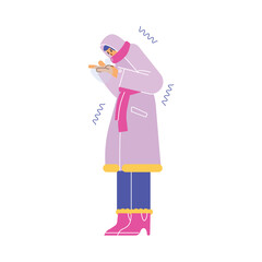 Freezing woman in pink coat trying warm hands with breath flat style