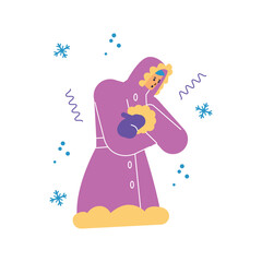 Freezing trembling woman in pink coat flat style, vector illustration