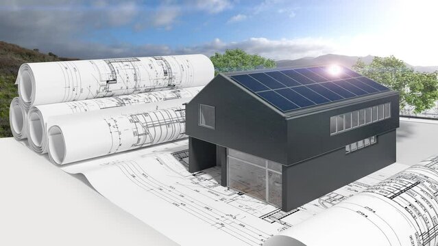 Entwurf einer modernen Villa in Schuenen-Architektur - 3D Visualisierung mit Video-Hintergrund