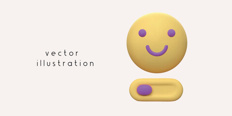 3D render of happy smile with slider. Vector cartoon happy attitude illustration in plastic style. Isolated positive feedback illustration