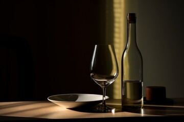 A bottle of wine alongside a wineglass. Generative AI