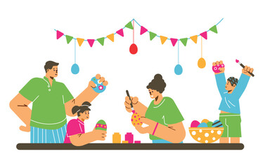 Family scene of preparation to Easter celebration, flat vector isolated.