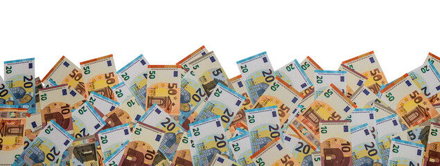 a heap of different euro banknotes on a white background for banner, panorama or border
