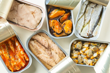 Assortment of Tinned fish, canned food ready for date night