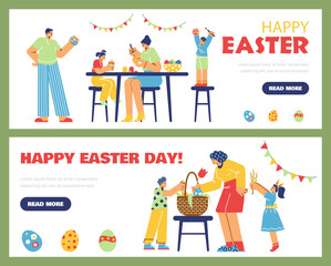Easter greeting banners or flyers with people, flat vector illustration.