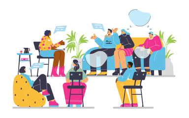 Diverse people attending group therapy session, flat vector illustration isolated on white background.