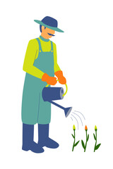 Gardener with mustache watering plants isolated on white background.