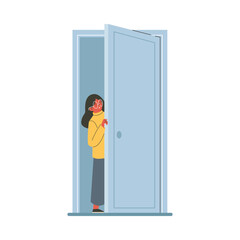 Girl opening door from inside, flat vector illustration isolated on white background.