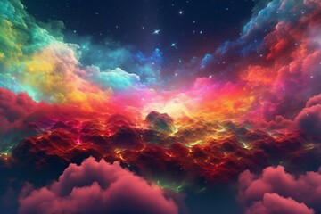 Vivid artwork of otherworldly sky filled with rainbow clouds and stars, resembling Bifrost and tarot card. Keywords: fantasy, colorful, transcendent, space, computer, red shift,. Generative AI