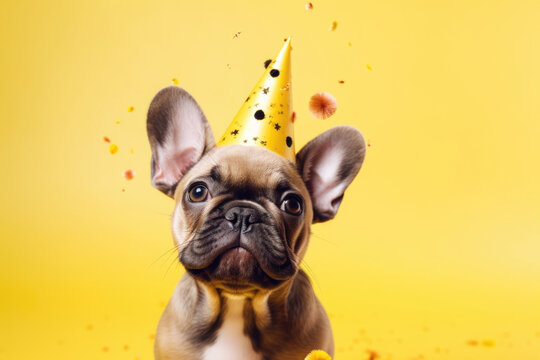 Cute little puppy in a party hat, portrait. Template for postcard, layout with copy space, print ready image. Concept of holiday