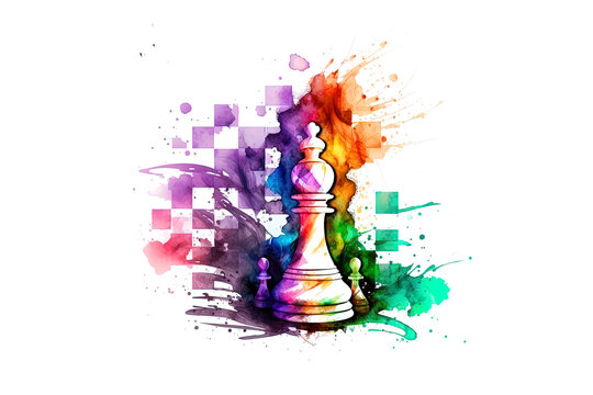 chess piece drawn with watercolors isolated on white background. AI generation