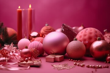 Obraz na płótnie Canvas Pink background with festive Christmas and New Year decor. Generative AI