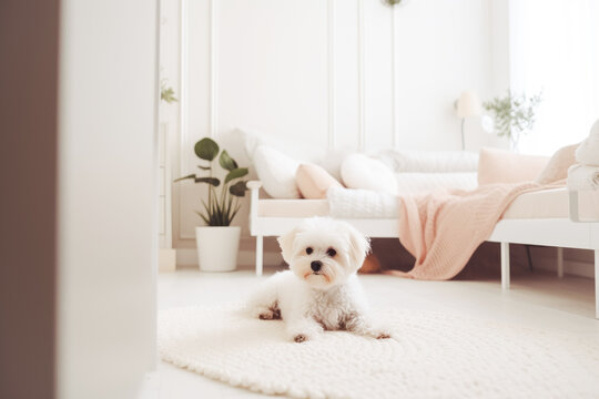 A small white puppy lies on a rug in a room or living room of a modern apartment. A pet in a city apartment