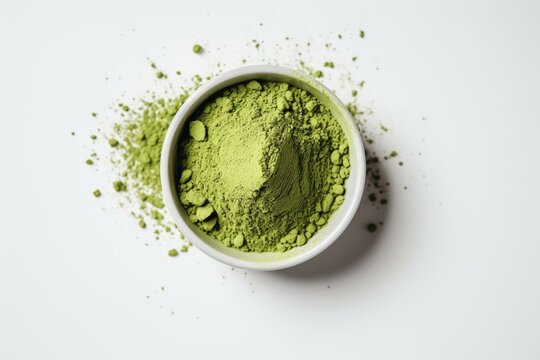 Top view of powdered matcha tea on white background. Generative AI