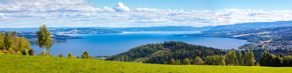 Panoramic view of a beautiful lake Mjosa and Gjovik city in summer. Norway