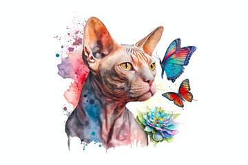 cat canadian sphynx with butterflies painted with watercolors isolated on a white background. AI generated