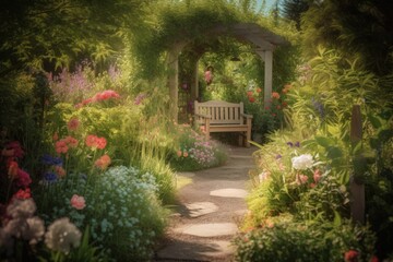 Lush Enchanting Garden Paradise, Vibrant Blooming Flowers, Sunlit Pathway, Rustic Bench, Bird Bath, Butterflies - Generative AI