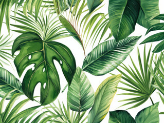 Trendy Green Leaves Ferns and Elephant Ear Plants on White Background Using Generative AI