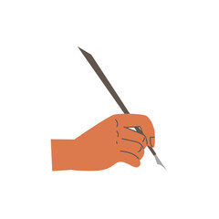 Human hand holding calligraphic pen flat cartoon vector illustration isolated.