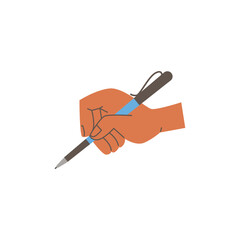 Human hand holding writing pen flat cartoon vector illustration isolated.