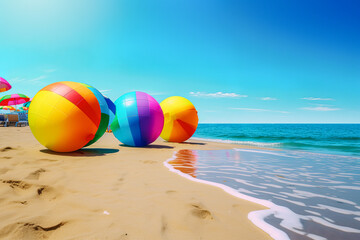 Obraz premium Hot summer sunny day on the beach on the hot sand on the seashore. Sea trip, umbrellas, summer resorts. Illustration, Generative AI.