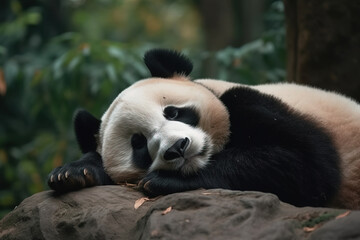 Naklejka premium Cute panda sleeping on the stone. generative AI