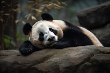 Naklejka premium Cute panda sleeping on the stone. generative AI