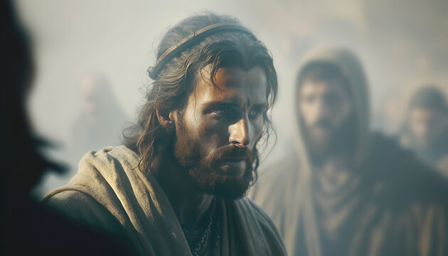Portrait of serene Jesus Christ reading among apostles. Cinematic religious imagen of son of the God. Generative AI.