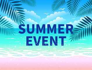 Summer Beach Event Template Banner. Vector illustration of a tropical island resort in a refreshing sea with blue sea, palm trees and waves.