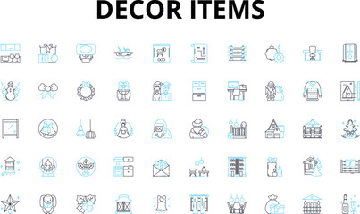 Decor items linear icons set. Vase, Pillow, Lamp, Rug, Tablecloth, Shelves, Arrk vector symbols and line concept signs. Pottery,Clock,Curtain illustration