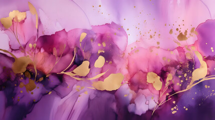 Elegant purple pink background, hand - drawn with alcohol ink, with gold sequins, Generative AI