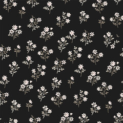 Floral pattern. Beautiful white flowers with gray leaves and stems on a black background. Seamless vector texture. Spring bouquet.