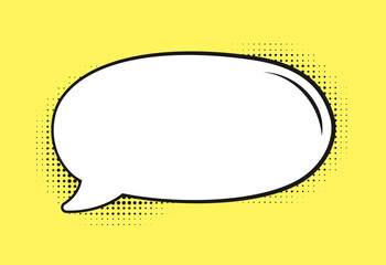 Retro blank comic speech bubble with black halftone shadows on yellow background. Vector illustration text frame border, vintage design, pop art style