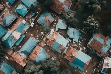 Fototapeta na wymiar Aerial shot of homes struck by natural calamity, featuring wrecked tile roofing covered by blue tarp. Generative AI