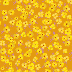 Vector seamless pattern with stylized floral motif, lots of small yellow flowers on an orange background. Hand-drawn little yellow flowers. Seamless floral background in yellow tones.