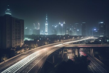 Fototapeta na wymiar Night scene of Shanghai with a bridge and skyline over an asphalt road. Generative AI