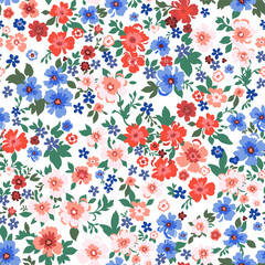 Seamless pattern. Vector flower design with cute wildflowers. Romantic abstract floral pattern on a white background. An illustration of spring nature in bright red and blue tones.