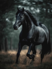 Obraz na płótnie Canvas Black horse running, outdoor background. 